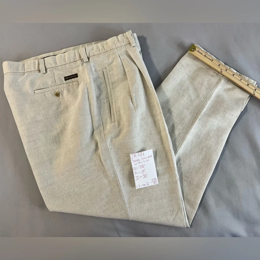 Savane RN 21201 Beige Pleated &‎ Cuffed Men's Cotton Linen Pants W40 30L